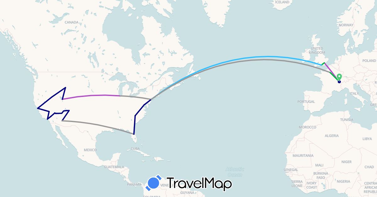 TravelMap itinerary: driving, bus, plane, train, boat in Switzerland, France, United Kingdom, United States (Europe, North America)
